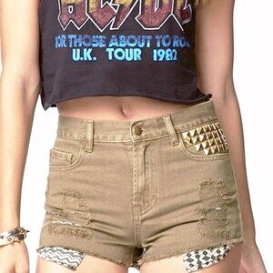 *50off3* Forever 21 High Rise Studded Destroyed Cut Off Shorts 30 Khaki Gold